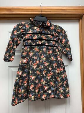 Sylvia Whyte Girls Size 4 Floral Dress Black Polka Dot Long Sleeve Vintage